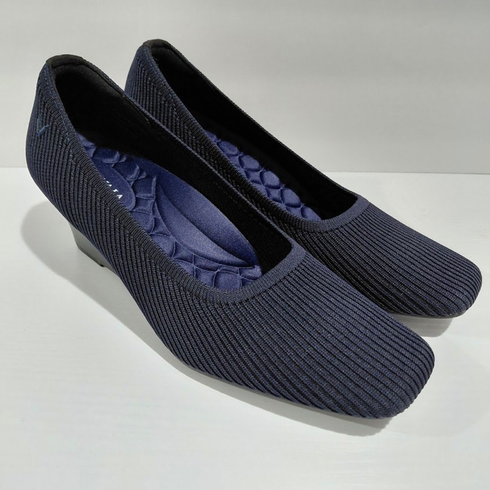 Vivaia Margot Wedge Pro Navy Blue Ribbed Knit Square Toe Pumps Womens Size 39.5 - Picture 10 of 12